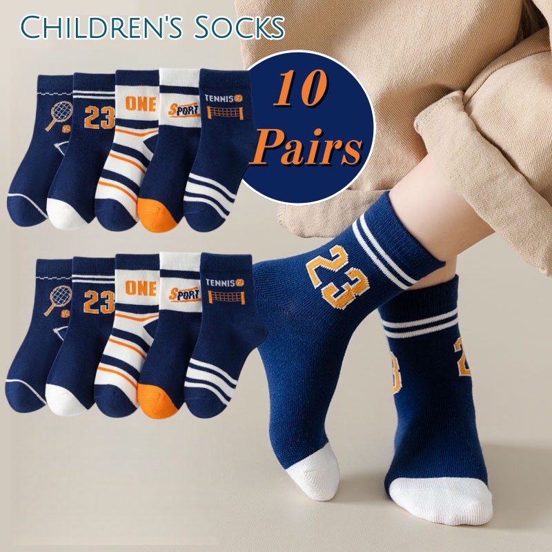 Ankle Support Badminton - 10足組 男の子用スポーツクルーソックス ソフトコットン 子供用テニスナンバープリント ミッドカーフソックス 通気性