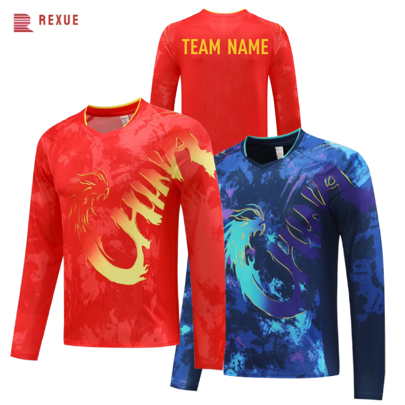 中国ドラゴン長袖卓球シャツ 2024 赤青中国チームバドミン - Badminton Jersey のレビューと価格